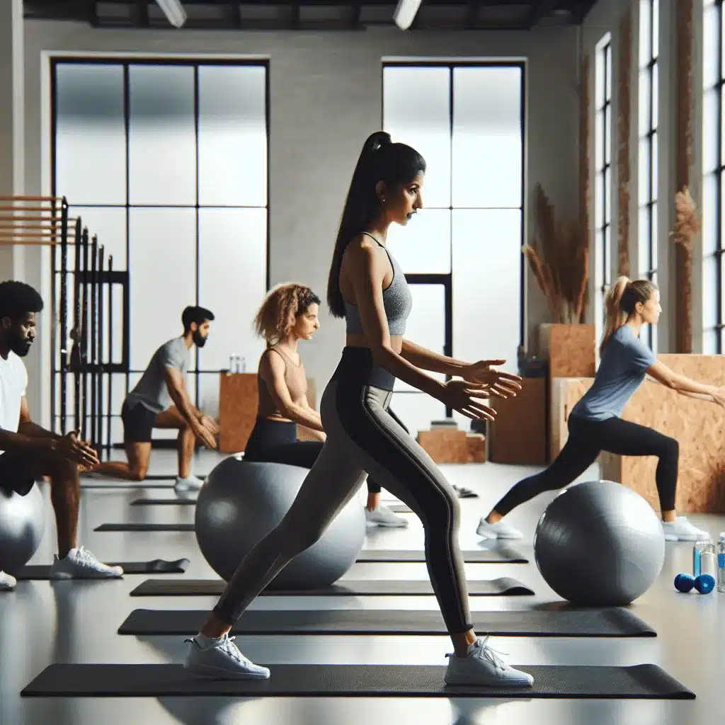 Un gruppo di persone esegue esercizi su tappetini da yoga con palle di stabilità in una palestra moderna, con grandi finestre che lasciano entrare la luce naturale nello spazio. Prova i benefici della ginnastica posturale Roma presso FisioPrati Roma Prati per migliorare la postura e il benessere.