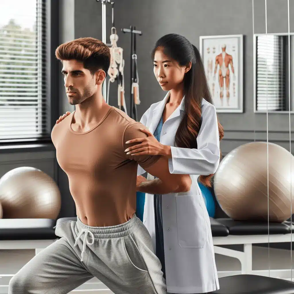 Un fisioterapista in camice bianco aiuta un uomo a eseguire esercizi di stretching in una palestra dotata di attrezzi fitness e tabelle anatomiche, concentrandosi sulla riabilitazione posturale Roma.