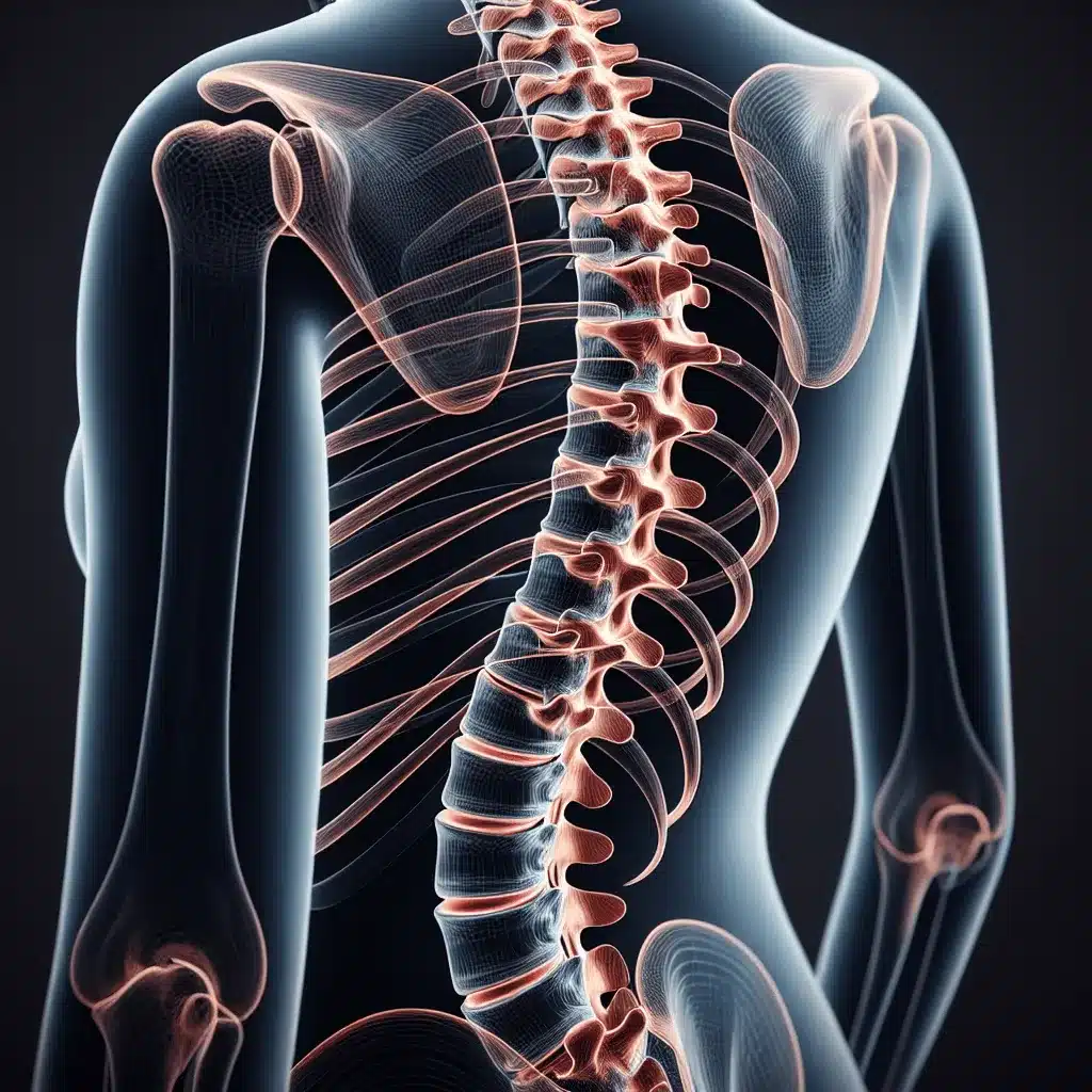 Immagine 3D della colonna vertebrale e della gabbia toracica umane viste da dietro, che mostra in dettaglio le vertebre e la struttura scheletrica, evidenziando il trattamento della scoliosi disponibile a Roma presso FisioPrati.