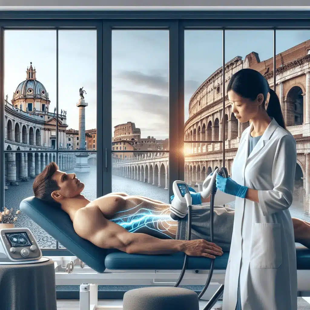Un medico esegue la tecarterapia su un paziente disteso su un lettino, sullo sfondo si vede uno skyline caratterizzato da un'architettura romana classica, visibile attraverso grandi finestre.
