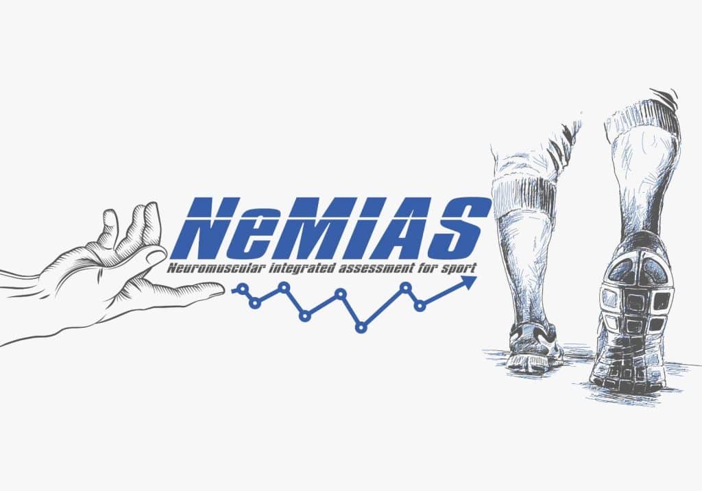 Logo per "NeMIAS: Neuro Muscolar Integrated Assessment for Sport" raffigurante una mano, un grafico e la parte inferiore delle gambe e dei piedi di un corridore con scarpe da ginnastica.