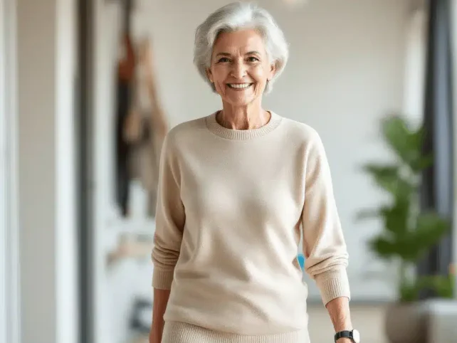 una donna anziana con i capelli corti e grigi, che indossa un maglione leggero e dei pantaloni, sorride mentre cammina all'interno di uno spazio luminoso e moderno, che incarna lo spirito della prevenzione cadute anziani a roma.