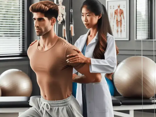 Un fisioterapista in camice bianco aiuta un uomo a eseguire esercizi di stretching in una palestra dotata di attrezzi fitness e tabelle anatomiche, concentrandosi sulla riabilitazione posturale Roma.