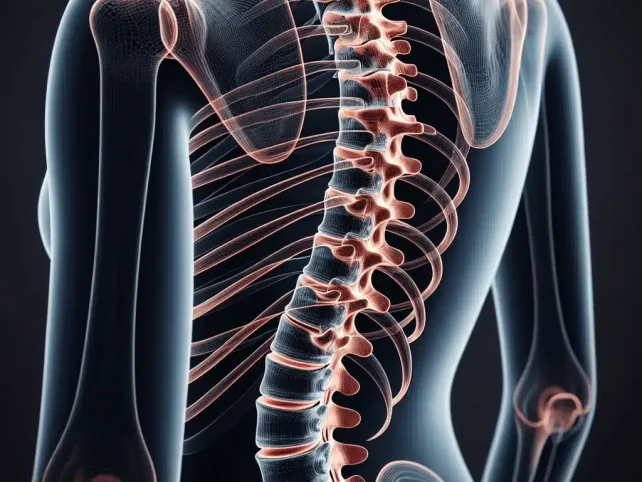 Immagine 3D della colonna vertebrale e della gabbia toracica umane viste da dietro, che mostra in dettaglio le vertebre e la struttura scheletrica, evidenziando il trattamento della scoliosi disponibile a Roma presso FisioPrati.