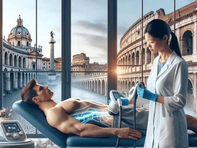Un medico esegue la tecarterapia su un paziente disteso su un lettino, sullo sfondo si vede uno skyline caratterizzato da un'architettura romana classica, visibile attraverso grandi finestre.